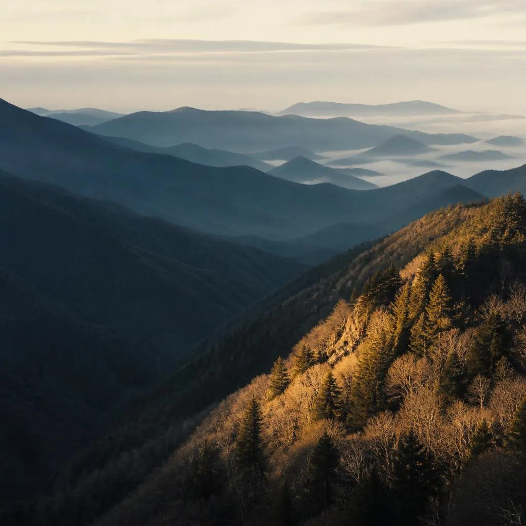 Layered mountain ridges in warm morning light